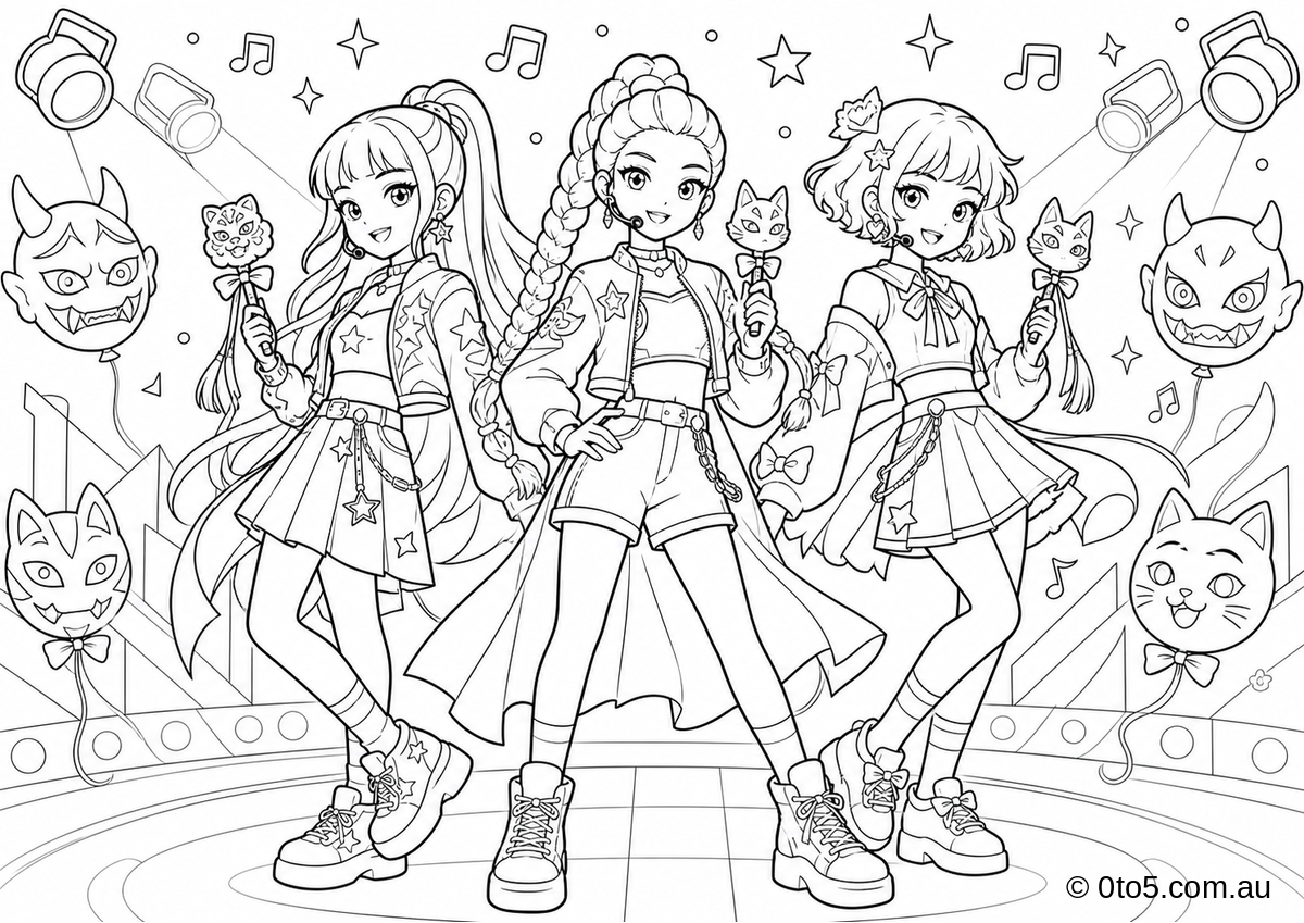 K-Pop Demon Hunter Group Coloring Page preview