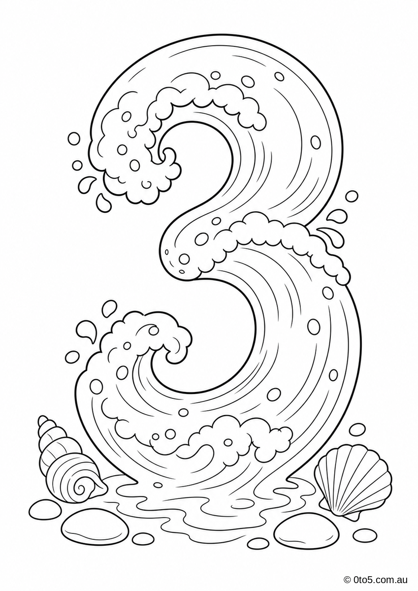Ocean Number 3 Wave Coloring Page thumbnail