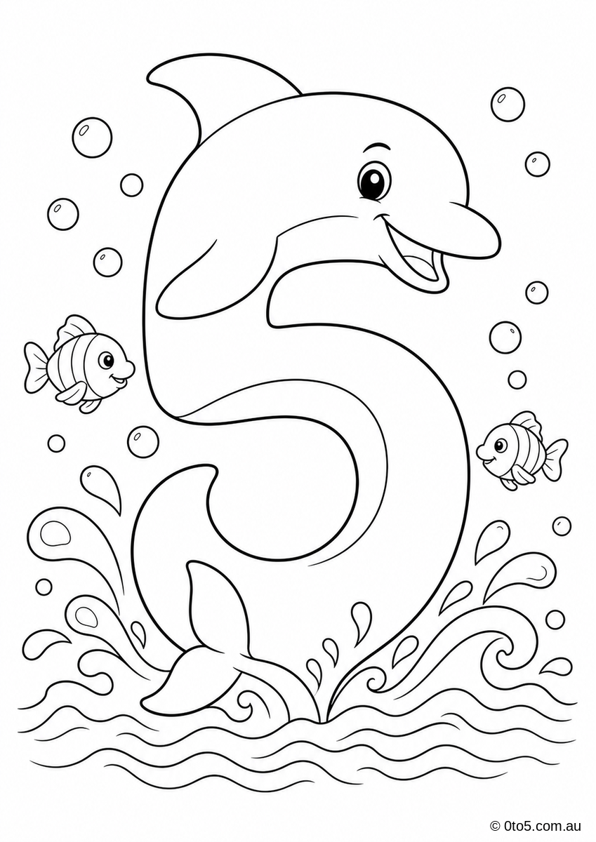 Ocean Number 5 Dolphin Coloring Page thumbnail