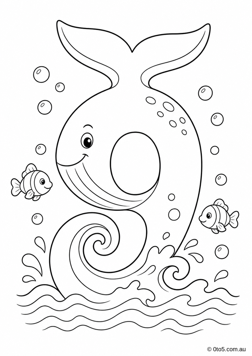 Ocean Number 9 Whale Tail Coloring Page thumbnail