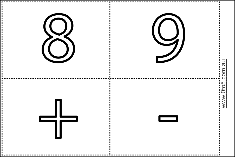 Number & Math Cards 8,9,+,- printable template